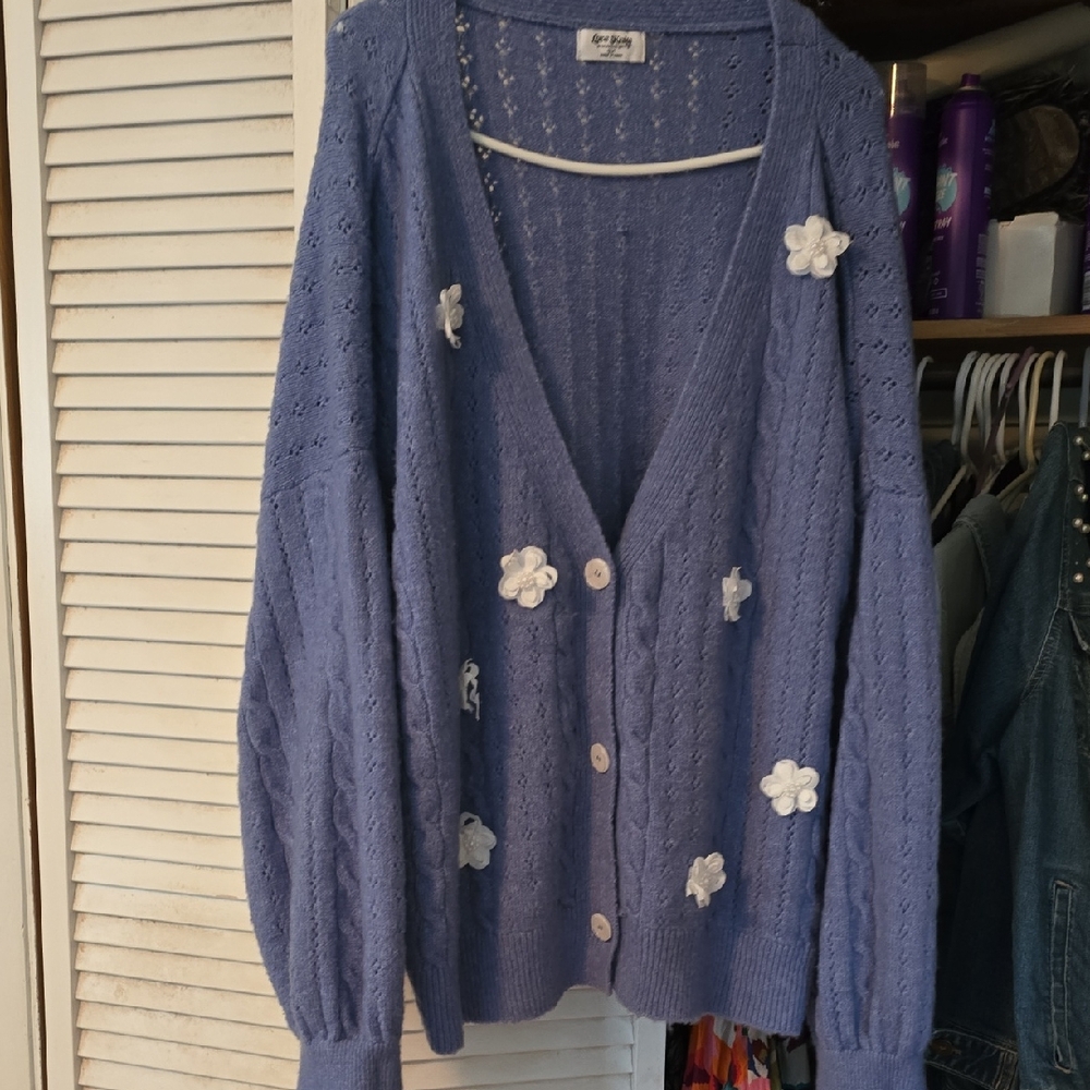 Cozy Blue Floral-Appliqué Knit Cardigan Sweater